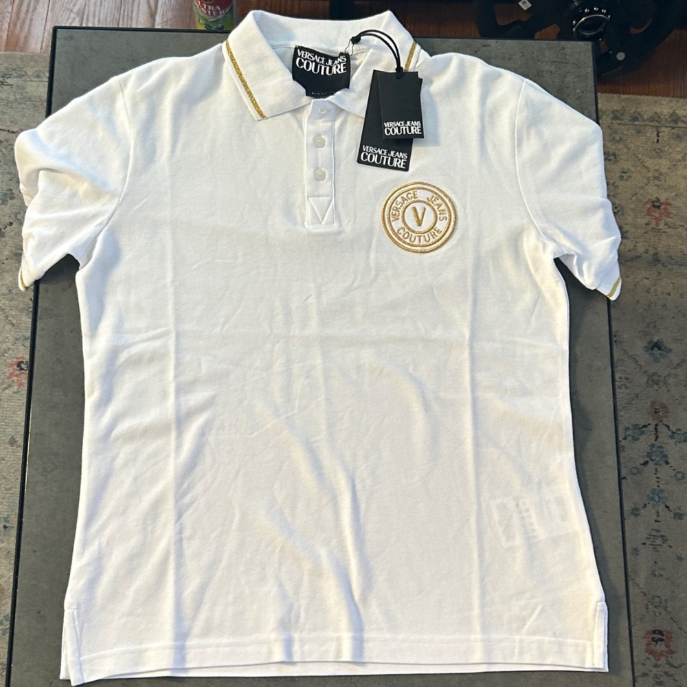 Versace Jeans Collection White Polo with Gold Accents